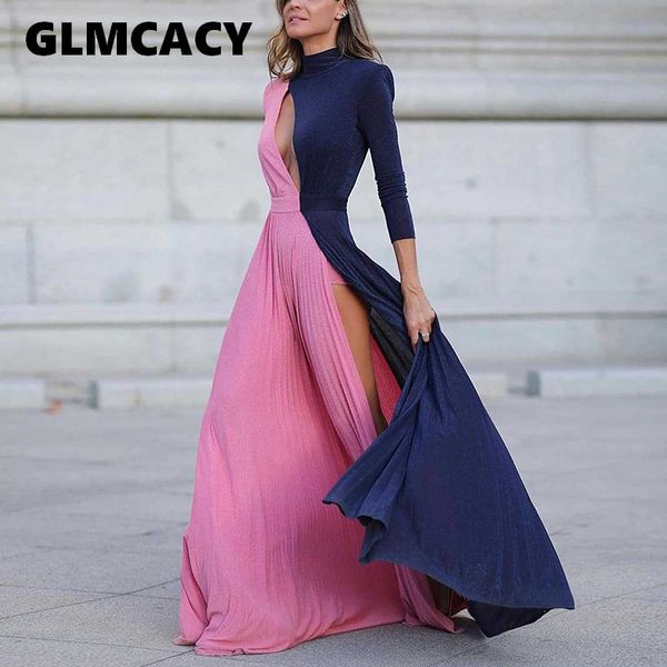 

women color block high slit maxi dress long sleeve glitter spring fall chic floor-length & club party vestido, Black;gray