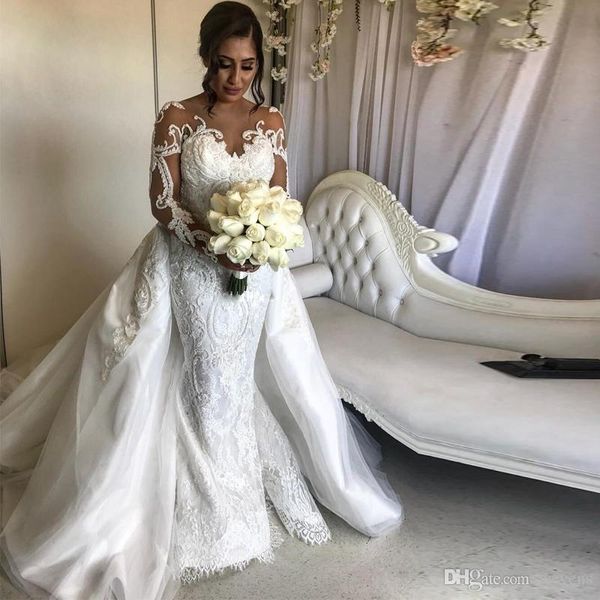 

2019 gorgeous mermaid wedding dresses with detachable train lace appliques long sleeve wedding gowns beading chapel bridal dress, White