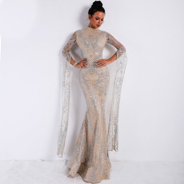 

women evening dress high neck long sleeve split glitter dress female maxi elegant long dress, Black;red