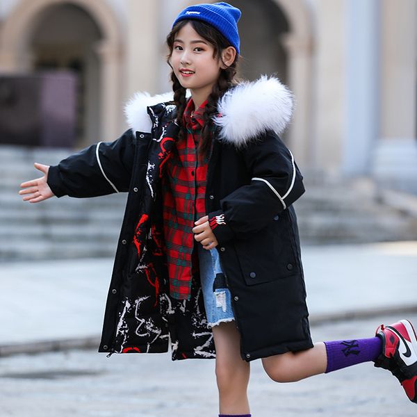 

girls clothing down nature fur jacket both sides can be worn kid girl long coat 2019 children thick children's clothes jackets, Blue;gray