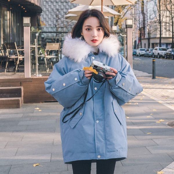 

p shoot ins sweet friend drawstring waist hugging cotton coat loose-fit hooded large fur collar behind bow thick cotton, Blue;black