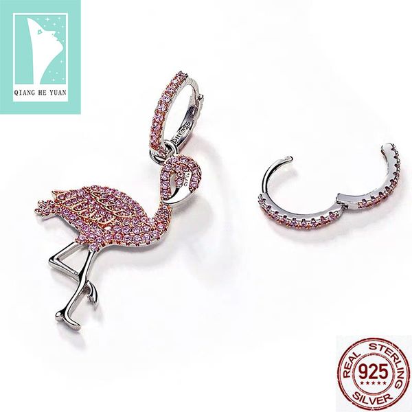 

925 silver flamingos earrings for women asymmetric rhinestone mini hoop earrings kupe kolczyki, Golden;silver