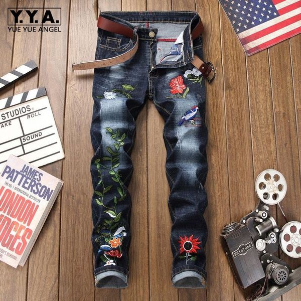

fashion elastic slim fit skinny straight mens jeans pants new design chinese style chic embroidery males full length trousers, Blue