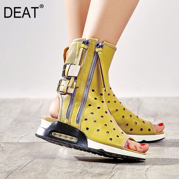 

deat] 2019 new spring summer round toe pu leather zipper hollow out wedges heels single shoes women boots fashion tide 10a387, Black