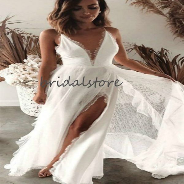 

beach wedding dresses spaghetti straps v neck lace boho wedding dress with slits sleeveless floor length bridal gowns 2020 garden, White