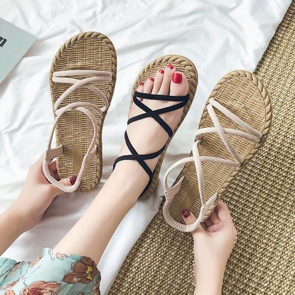 

sandals women's 2020 summer new korean version with roman sandals flat bottoms and light anti slip cross beach shoes, Black