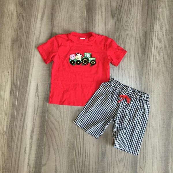 

new arrivals baby boys summer cotton black plaid shorts elastic red truck pattern print set kidswear outfits children, White
