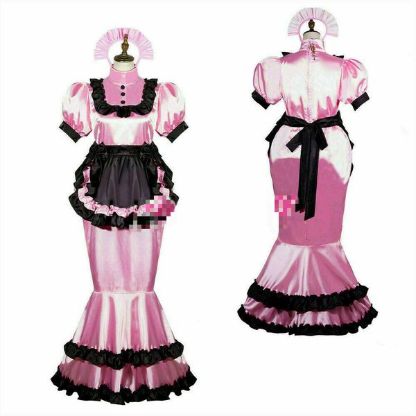 

lockable sissy maid satin dress fish tail tailor-made, Black;red