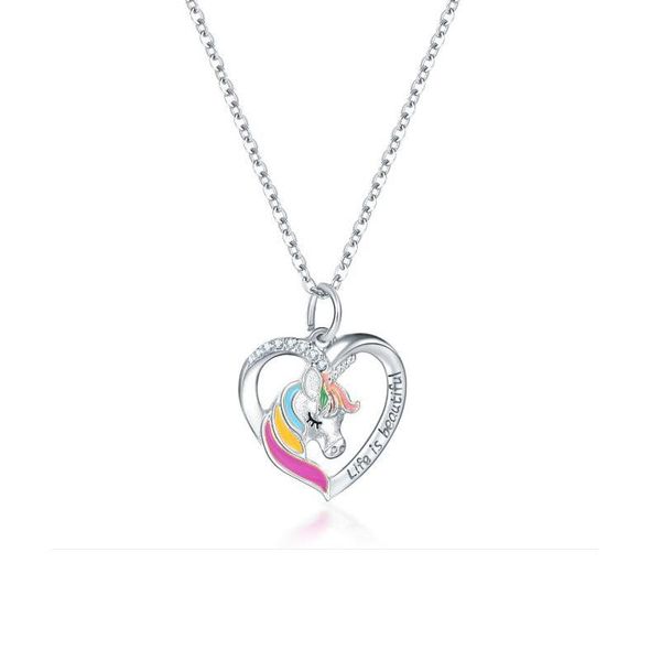 

life is beautiful letter unicorn heart pendant necklace for women teen girl gift silver color chain jewelry mujdu