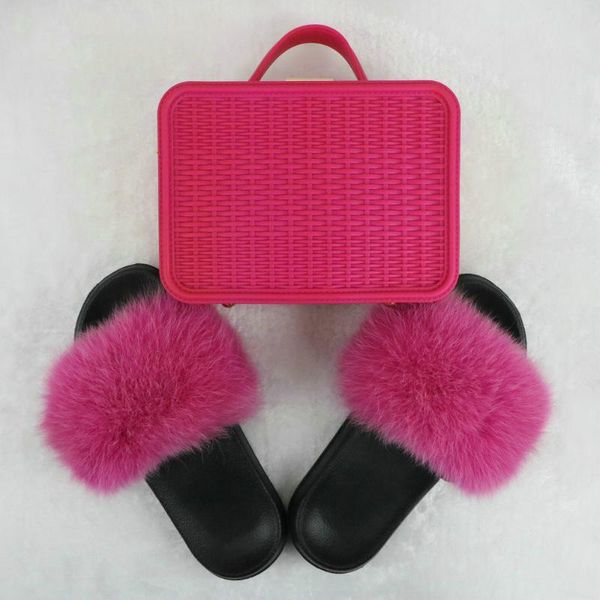 

fur slides women's sandals and fluffy slippers bag set fur slides home slippers 2020 ladies summer real new, Black