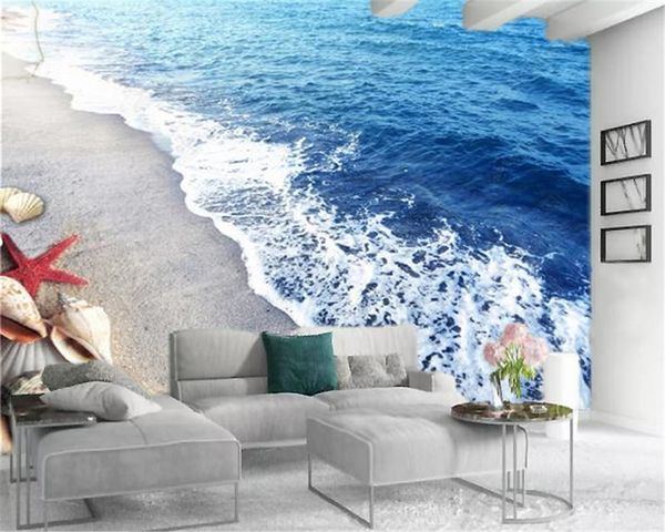 

custom 3d wallpaper mural beautiful beach starfish shell hd indoor environmental seascape living room bedroom silk wallpaper