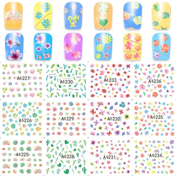 

12 designs/sheet nail art water sticker cactus/fresh flowers children decals polish gel diy beauty a1225-1236, Black