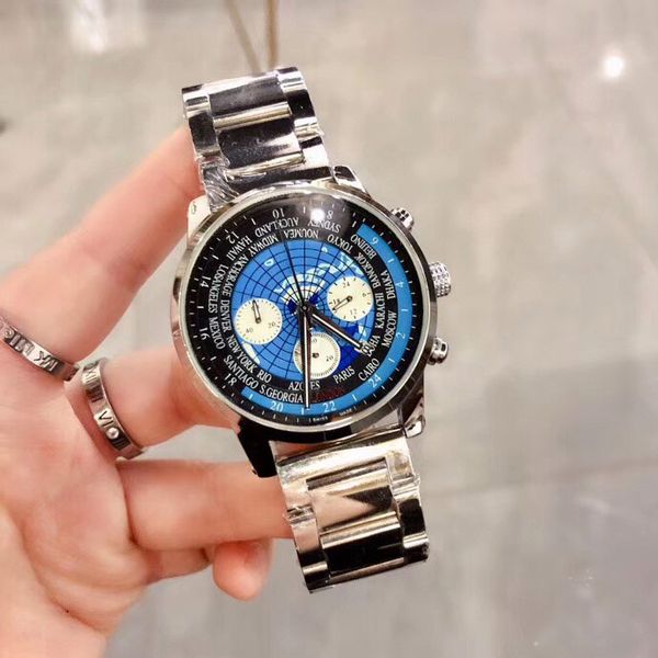 

new style men watch fashion all sub-dials work full stainless steel band satch quartz watches for mens gift, Slivery;brown