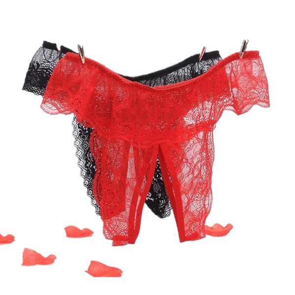 

xl-4xl open crotch thong erotic underwear transparent thong lace night wear plus big size black/red, Black;pink