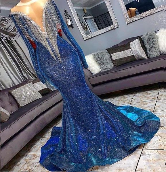 

Full Sequins Mermaid Blue Prom Dresses Beads Sheer Neck Long Sleeves Evening Gowns With Tassels Sweep Train Formal Party Dress, Champagne