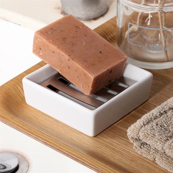

Ceramic Soap Dish Drain Double Layer Stainless Steel Soap Box Drainer Holder for Shower Kitchen Bathroom, Silver