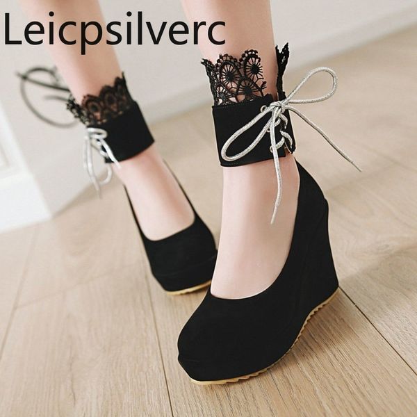 

pumps spring and autumn new round head shallow mouth color matching lace lace-up high heel wedge women's shoes plus size 34-43, Black