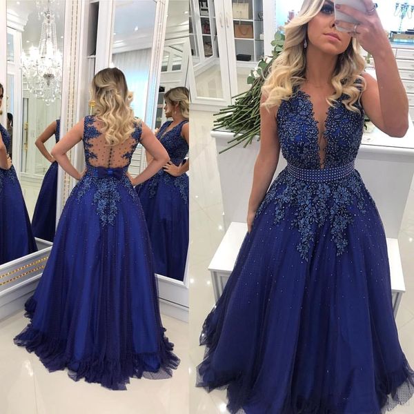 

Vintage Arabic Royal Blue A-Line Formal Evening Dress 2019 Sheer Neck Lace Appliqued Beaded Pearls Tulle Prom Dress Sexy Illusion Back