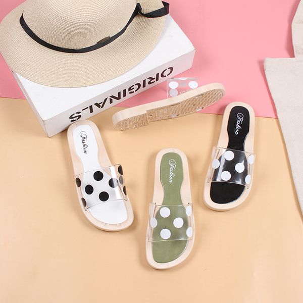 

heli dotted polkadot transparent slippers women's summer casual flat sandals beach slippers beach holiday, Black