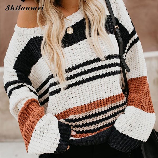 

fashion warm autumn winter knitted sweater women fashion striped o neck pullover long sleeve ladies knitwear causal pull femme, White;black