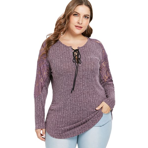 

sweaters women plus size lace insert marled knitwear thin spring sweater fashion o neck long sleeve casual pullovers pull femme, White;black