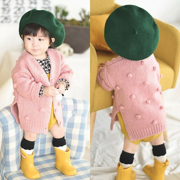 

girls sweater woolen coat for girls pom pom decor cardigan for a girl autumn winter baby girl sweater coat, White