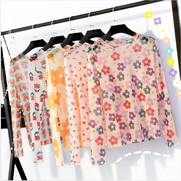 

female sweet t-shirts girls o-neck long sleeve flower printede mesh see through heatwave protection funny tshirts sunscreen summer, White