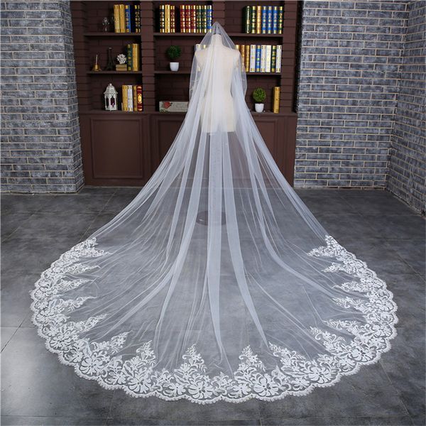 

One Layer cathedral length wedding veils 3 meters long ivory lace bridal veil with comb wedding accessories applique bridal veils