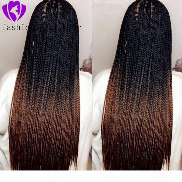 

new style two tone braided box braids wigs for women long synthetic lace front wig ombre brown heat resistant hair cosplay wig, Black;brown