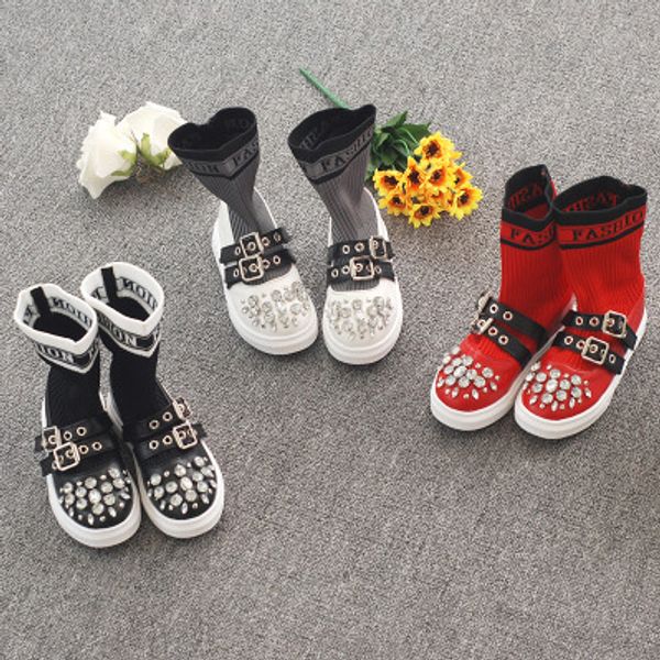 

brand children socks boots kids crystal boots girls luxury flat shoes girls designer mid-calf boot 2020 new fashion trend 3 styles sale, Black;grey