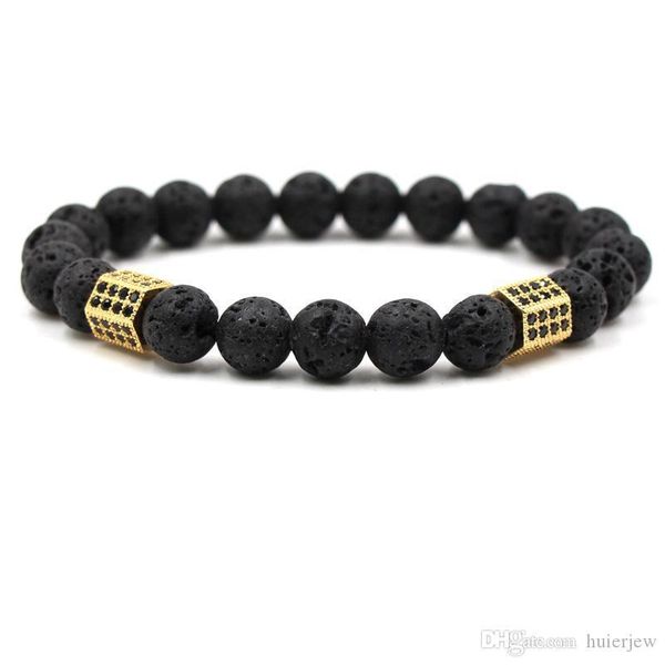 

lava bead bracelet natural stone bracelet men cz zircon charm color gun black silver gold bracelet, Golden;silver