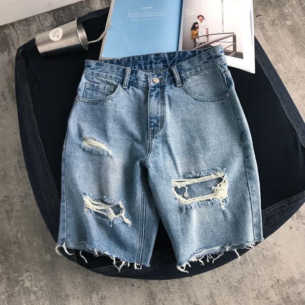 

2019 super handsome youth shorts summer trend fit straight jeans new big hole mahogany denim knee lenght shorts, Blue
