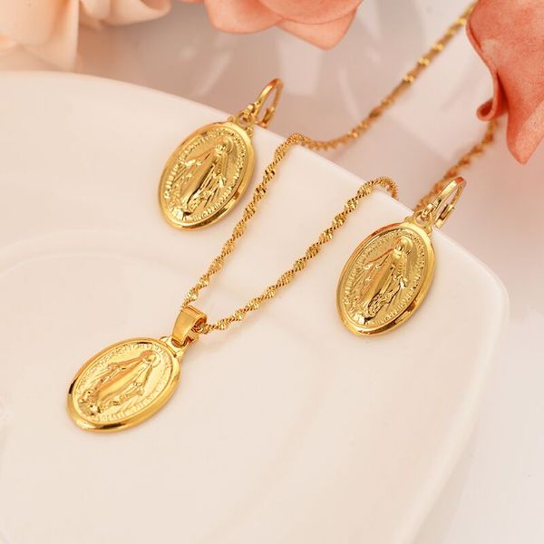 Set di orecchini pendenti con collana della Madre Vergine Maria, set da regalo per donne, in oro massiccio massiccio 14 carati, religioso cattolico