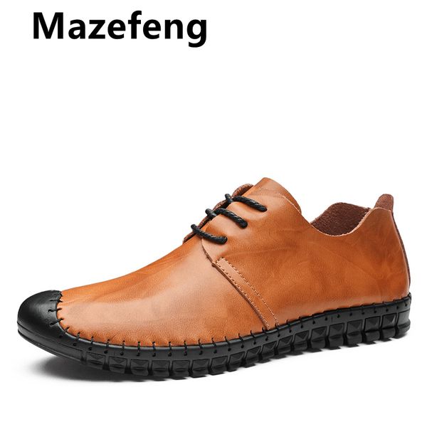 

mazefeng genuine leather loafers shoes lace up men casual shoes summer 2019 breathable fashion soft flat quality driving, Black