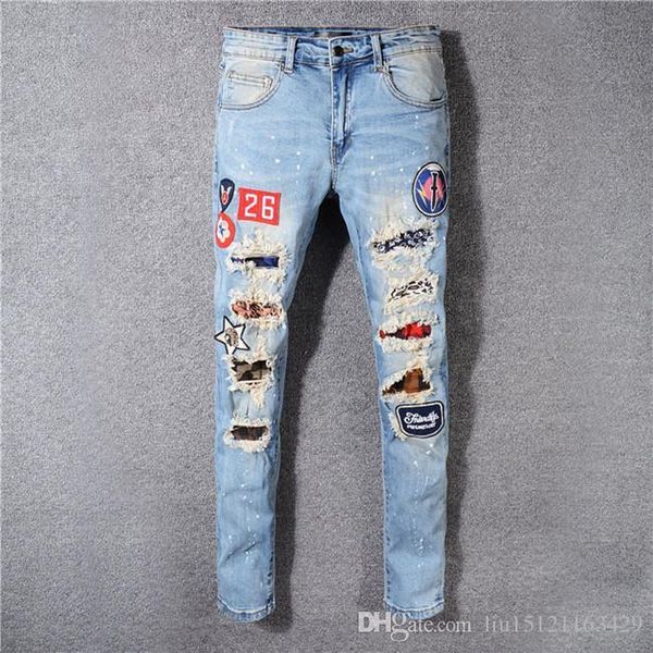 

20 wholesale fashion luxury designer mens jeans first choice with leather and hoodie motorcycle biker denim for hip hop mens jeans, Blue