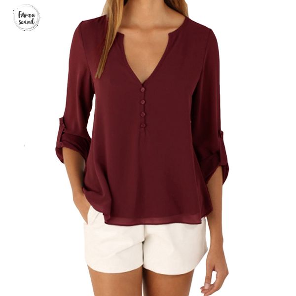 

плюс размер женская майка 2019 новый темперамент женщин рубашки сплошного цвета топы глубокий v мода шифон сыпучие сексуальная рубашка, White