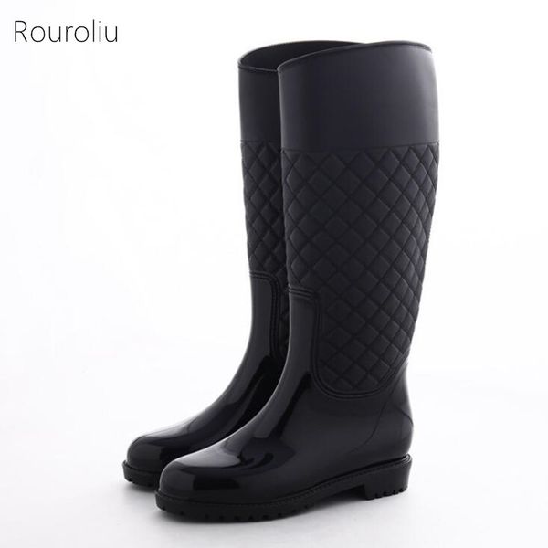

rouroliu women knee-high pvc rainboots female non-slip waterproof water boots platform shoes woman autumn wellies fr33, Black