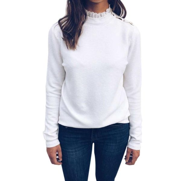 

women new autumn winter knit pullover solid long sleeve o neck lace shoulder buckle design casual slim sweater female, White;black