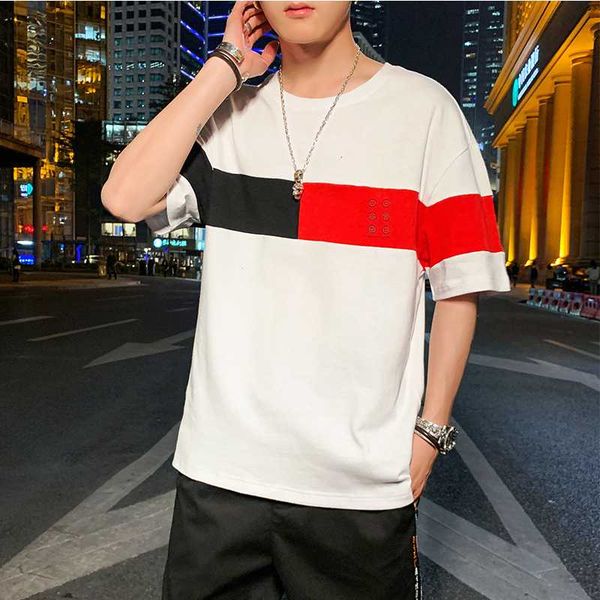 

new style men's breathable fashion short sleeve t-shirt casual round neck cotton splicing color summer quality bottoming t-shirt, White;black