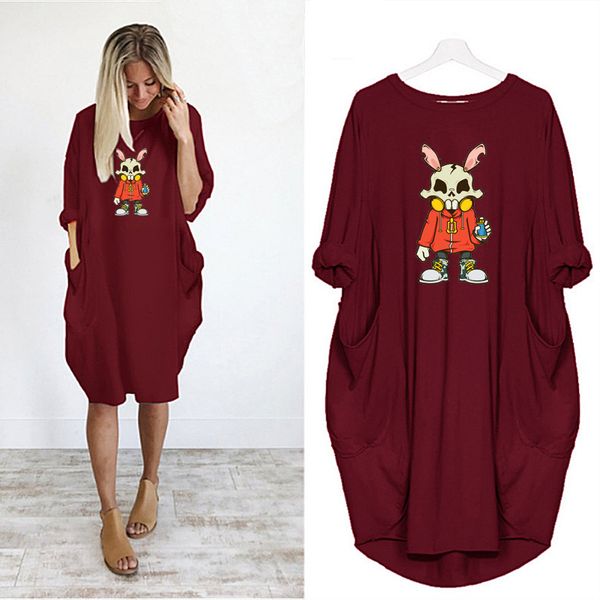 

new women cartoon printed cute shirts dresses solid color long sleeves womens dress with pockets for holiday travel asian size s-5xl, Black;gray