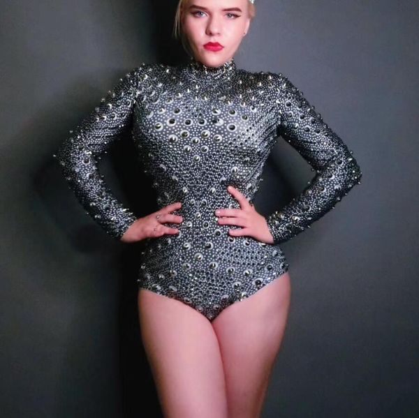

black rhinestones rivets bodysuit female singer show nightclub outfit bar dance prom party stretch clothes, Black;red