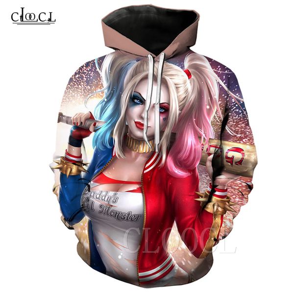 

2020 новый стиль хищные птицы harley quinn hoodie мужчины женщины 3d печати клоун креативный с капюшоном вскользь пары пуловеры, Black