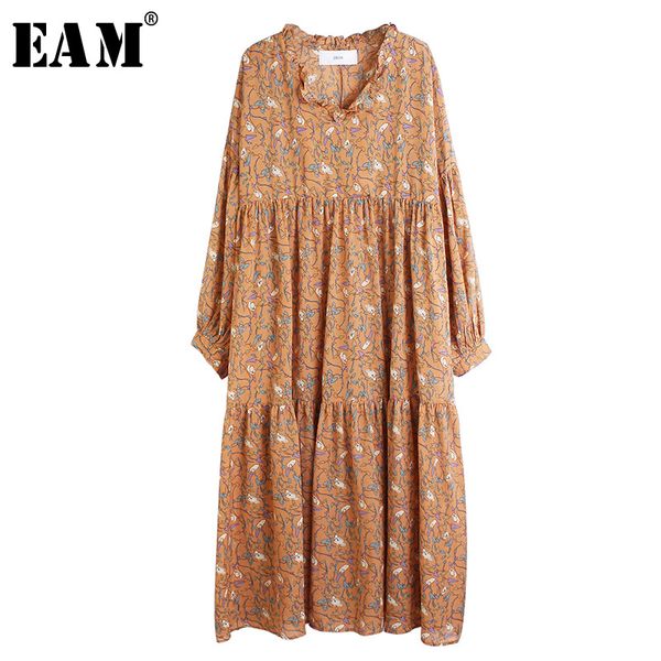 

eam] women pattern printed rufflles big size dress new v-neck long sleeve loose fit fashion tide spring autumn 2020 1s133, Black;gray