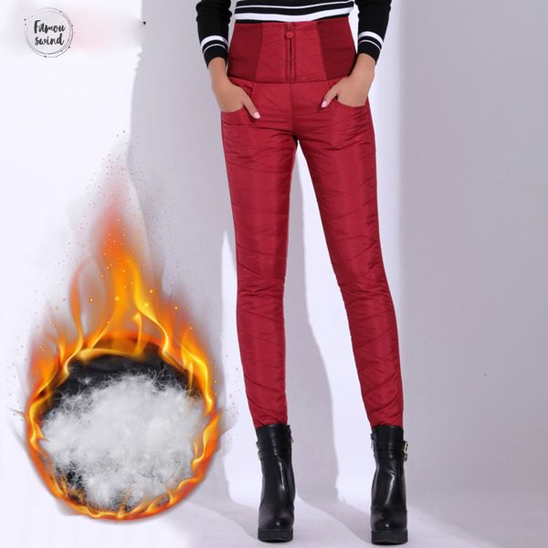 

зима полиэстер брюки утка вниз бархатная высокая талия тощих теплые женщины формальные брюки женский черный эластичный пояс рабочих брюки же, Black;white