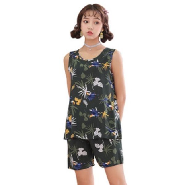 

daeyard women's pajamas silk sleeveless vest and shorts 2 pieces pajama sets summer leopard floral pyjama cut cartoon sleepwear, Blue;gray