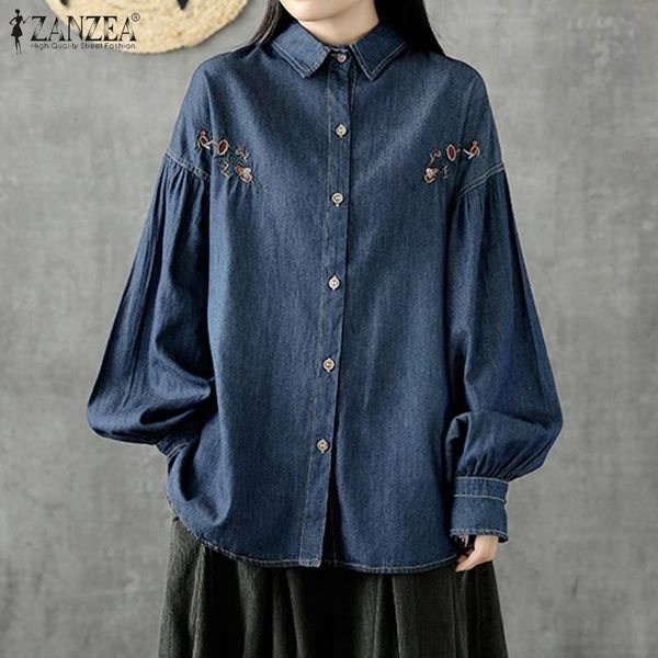 

zanzea spring denim blue blouse casual long sleeve shirts women vintage solid lapel embroidered tunic female blusas chemise, White