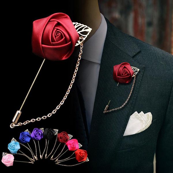 Mens Rose Flower Golden Leaf Moda Broche Pin Terno Lapel New Mens Casamento Boutonniere Broches Jóias Presentes