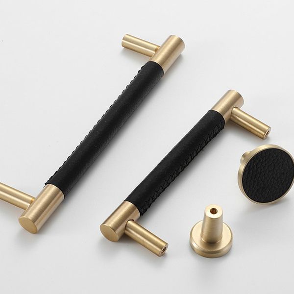 2019 Leather Brass Natural Handles Drawer Cabinet Knobs Kitchen
