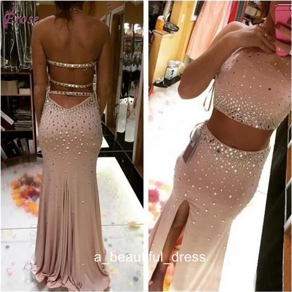 

spring sparkling two pieces dresses evening wear halter crystals beaded homecoming dress mermaid split evening dresses cocktail gown ed1143, Black;red