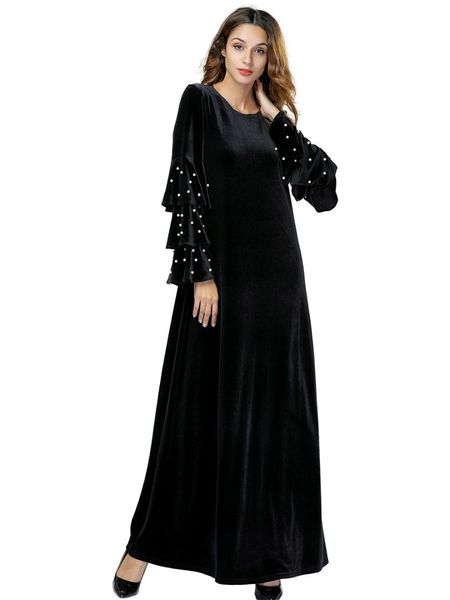 

elegant women velvet maxi dress flounce sleeves beading long robe gowns muslim abaya kimono winter ramadan islamic clothing, Red